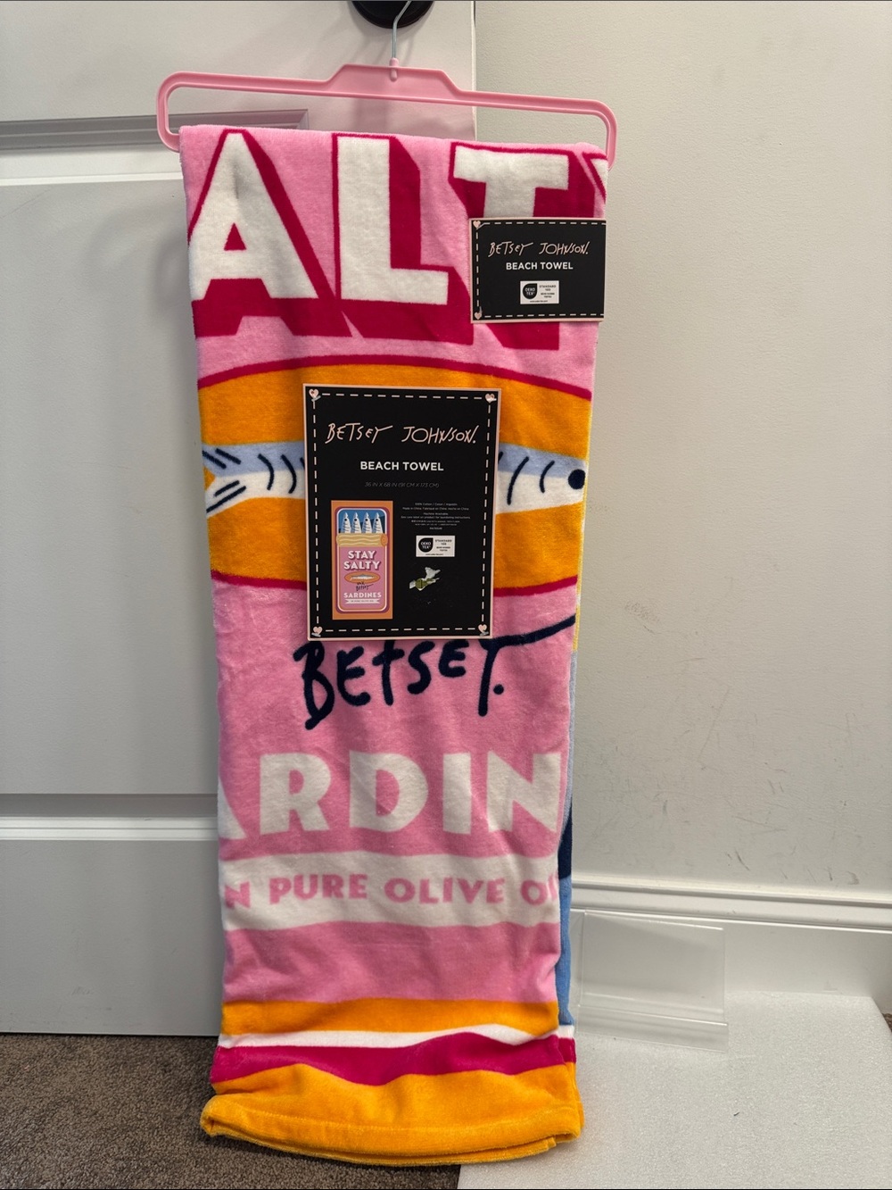 Betsey Johnson stay salty sardines beach towel 36” x 68” NWT
